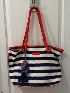 Vera Bradley Navy and White Striped Rope-Handle Tote with Red Trim